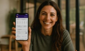 Uma mulher sorridente segura seu celular exibindo a tela, transmitindo felicidade e satisfação em um ambiente interno iluminado naturalmente