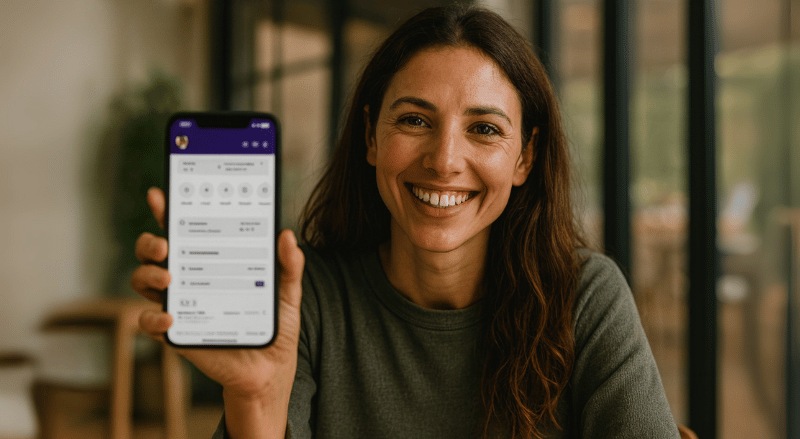Uma mulher sorridente segura seu celular exibindo a tela, transmitindo felicidade e satisfação em um ambiente interno iluminado naturalmente