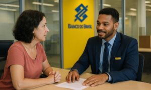 Uma cena realista em agência bancária mostra um funcionário atendendo um cliente no balcão, ambos em interação atenciosa, com iluminação suave e enquadramento natural