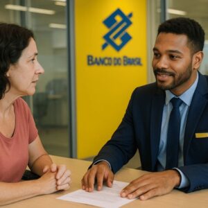 Uma cena realista em agência bancária mostra um funcionário atendendo um cliente no balcão, ambos em interação atenciosa, com iluminação suave e enquadramento natural