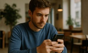 Uma pessoa concentrada mexendo no celular em um ambiente interno, com iluminação suave e natural, enquadramento em plano médio e ângulo levemente lateral