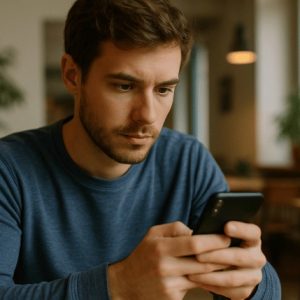 Uma pessoa concentrada mexendo no celular em um ambiente interno, com iluminação suave e natural, enquadramento em plano médio e ângulo levemente lateral