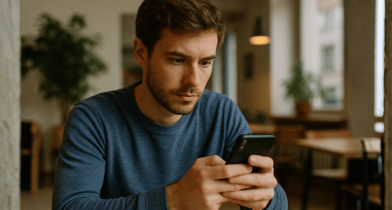 Uma pessoa concentrada mexendo no celular em um ambiente interno, com iluminação suave e natural, enquadramento em plano médio e ângulo levemente lateral
