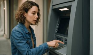 Pessoa usando um caixa eletrônico de banco, com expressão concentrada e iluminação natural em ambiente interno realista