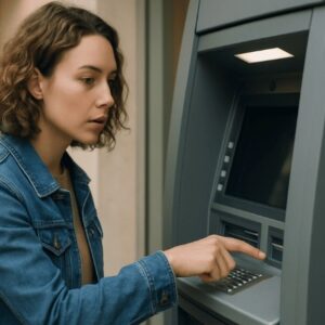 Pessoa usando um caixa eletrônico de banco, com expressão concentrada e iluminação natural em ambiente interno realista