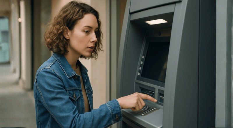 Pessoa usando um caixa eletrônico de banco, com expressão concentrada e iluminação natural em ambiente interno realista