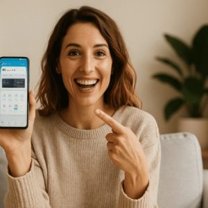 Uma mulher sorridente está em sua casa, sentada no sofá, mostrando a tela do celular com entusiasmo