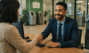 Uma pessoa cumprimenta um funcionário em uma agência bancária, com aperto de mão firme, ambiente moderno ao fundo, iluminação suave e perspectiva natural em plano médio, transmitindo profissionalismo e confiança