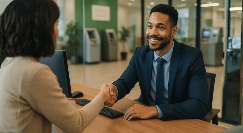 Uma pessoa cumprimenta um funcionário em uma agência bancária, com aperto de mão firme, ambiente moderno ao fundo, iluminação suave e perspectiva natural em plano médio, transmitindo profissionalismo e confiança