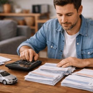 Pessoa em casa usando uma calculadora sobre a mesa, cercada por vários carnês de financiamento e um carro em miniatura, em um ambiente doméstico bem iluminado, transmitindo atenção e planejamento financeiro