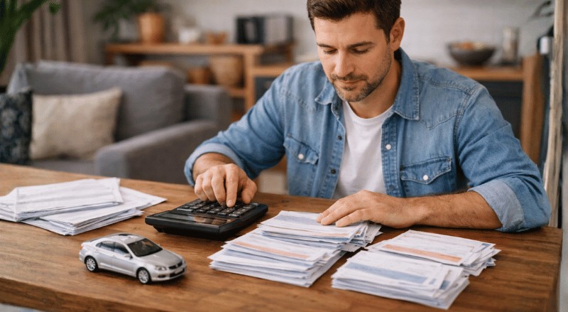 Pessoa em casa usando uma calculadora sobre a mesa, cercada por vários carnês de financiamento e um carro em miniatura, em um ambiente doméstico bem iluminado, transmitindo atenção e planejamento financeiro