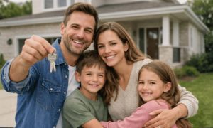 Família feliz abraçada em frente à nova casa, com o pai segurando a chave do imóvel e todos sorrindo, transmitindo conquista, união e realização familiar em um ambiente residencial acolhedor.