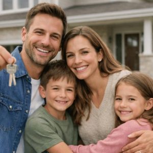 Família feliz abraçada em frente à nova casa, com o pai segurando a chave do imóvel e todos sorrindo, transmitindo conquista, união e realização familiar em um ambiente residencial acolhedor.