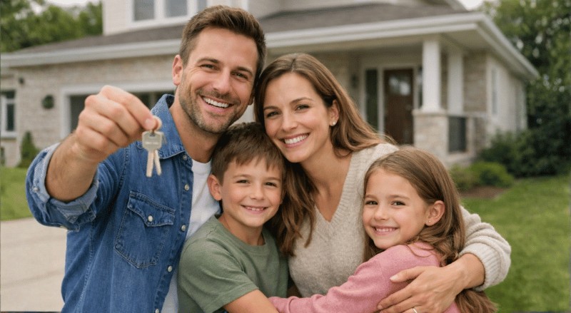 Família feliz abraçada em frente à nova casa, com o pai segurando a chave do imóvel e todos sorrindo, transmitindo conquista, união e realização familiar em um ambiente residencial acolhedor.