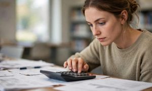 pessoa concentrada calculando valores com calculadora sobre mesa cheia de papéis genéricos desfocados, sem textos legíveis
