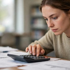 pessoa concentrada calculando valores com calculadora sobre mesa cheia de papéis genéricos desfocados, sem textos legíveis