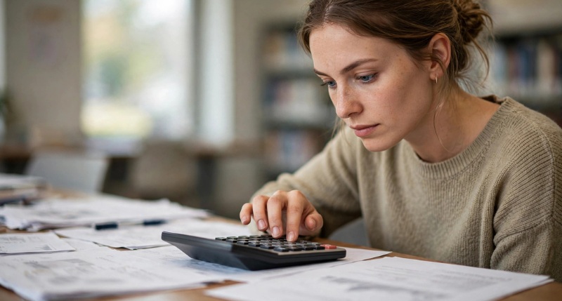 pessoa concentrada calculando valores com calculadora sobre mesa cheia de papéis genéricos desfocados, sem textos legíveis
