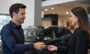 Uma pessoa entrega a chave de um carro a uma funcionária em uma concessionária, em um ambiente profissional e moderno, representando a devolução do veículo