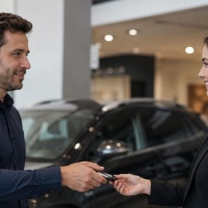 Uma pessoa entrega a chave de um carro a uma funcionária em uma concessionária, em um ambiente profissional e moderno, representando a devolução do veículo