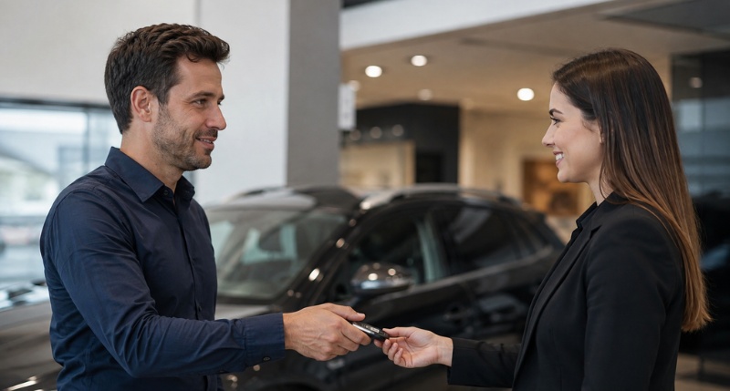 Uma pessoa entrega a chave de um carro a uma funcionária em uma concessionária, em um ambiente profissional e moderno, representando a devolução do veículo