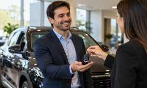 Empresário recebe as chaves de seu novo carro em uma concessionária, demonstrando satisfação pela conquista, enquanto o veículo aparece ao fundo.