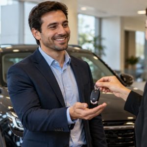 Empresário recebe as chaves de seu novo carro em uma concessionária, demonstrando satisfação pela conquista, enquanto o veículo aparece ao fundo.