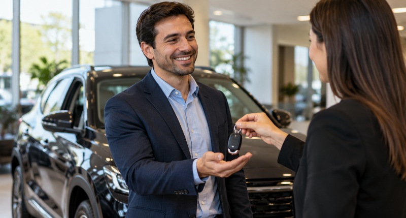 Empresário recebe as chaves de seu novo carro em uma concessionária, demonstrando satisfação pela conquista, enquanto o veículo aparece ao fundo.